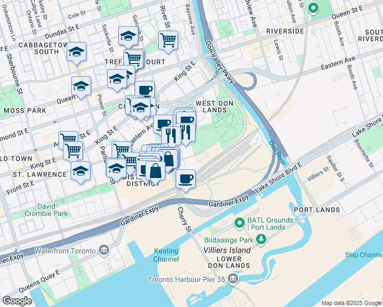 map of restaurants, bars, coffee shops, grocery stores, and more near 180 Mill Street in Toronto