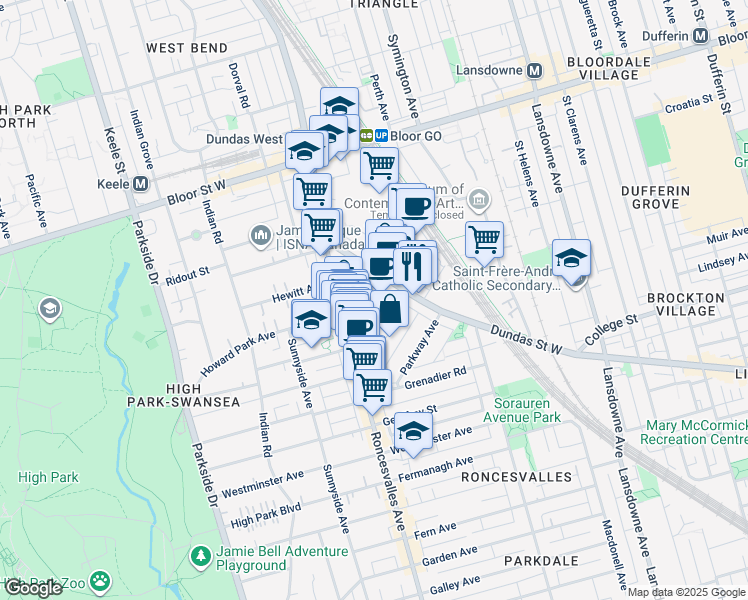 map of restaurants, bars, coffee shops, grocery stores, and more near 36 Howard Park Avenue in Toronto