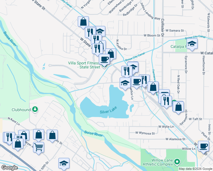 map of restaurants, bars, coffee shops, grocery stores, and more near 3504 North Whistler Lane in Boise