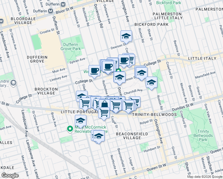 map of restaurants, bars, coffee shops, grocery stores, and more near in Toronto