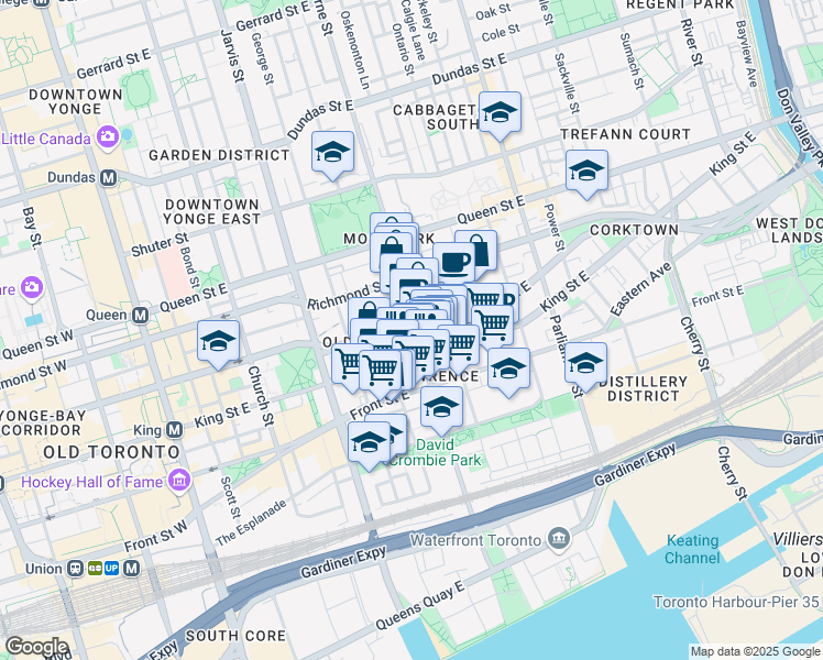 map of restaurants, bars, coffee shops, grocery stores, and more near 345 Adelaide Street East in Toronto