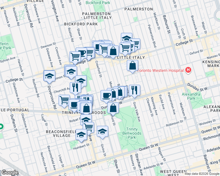 map of restaurants, bars, coffee shops, grocery stores, and more near 72 Montrose Avenue in Toronto