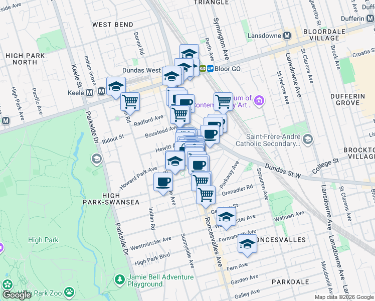 map of restaurants, bars, coffee shops, grocery stores, and more near 430 Roncesvalles Avenue in Toronto
