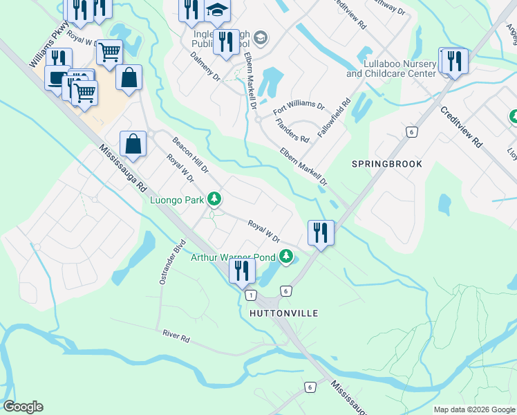 map of restaurants, bars, coffee shops, grocery stores, and more near 27 Royal West Drive in Brampton