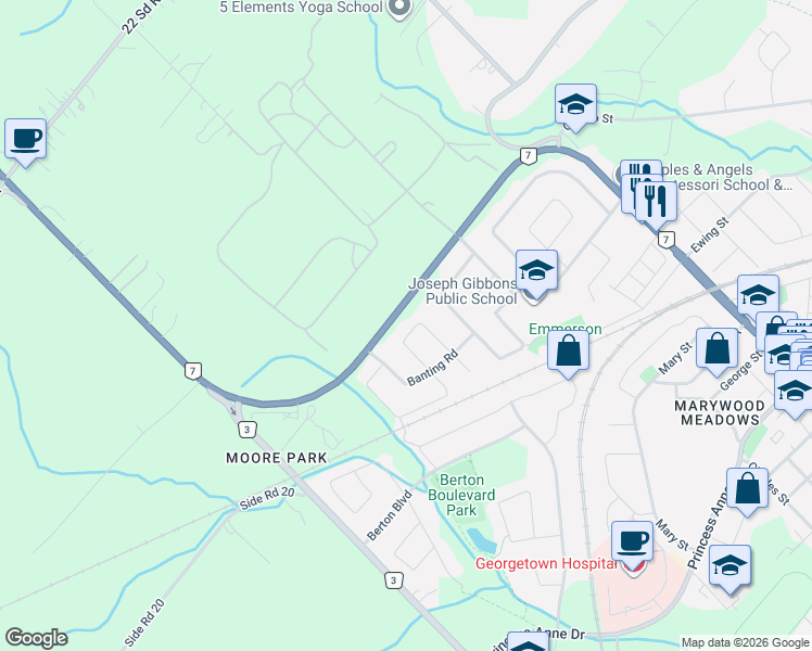 map of restaurants, bars, coffee shops, grocery stores, and more near 27 Ruddell Crescent in Halton Hills