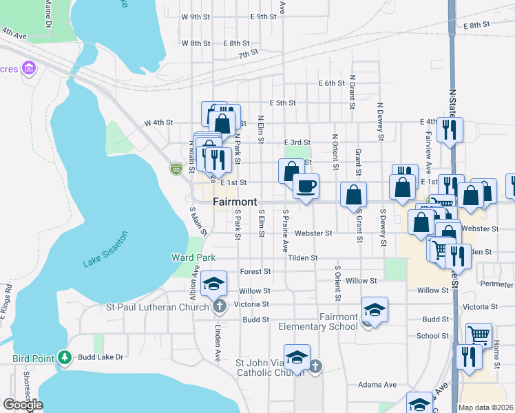 map of restaurants, bars, coffee shops, grocery stores, and more near 222 East Blue Earth Avenue in Fairmont