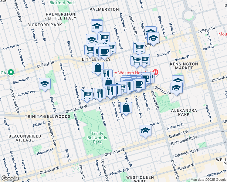 map of restaurants, bars, coffee shops, grocery stores, and more near 222 Manning Avenue in Toronto