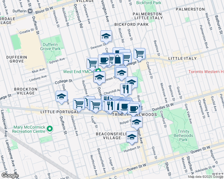 map of restaurants, bars, coffee shops, grocery stores, and more near 36 Churchill Avenue in Toronto