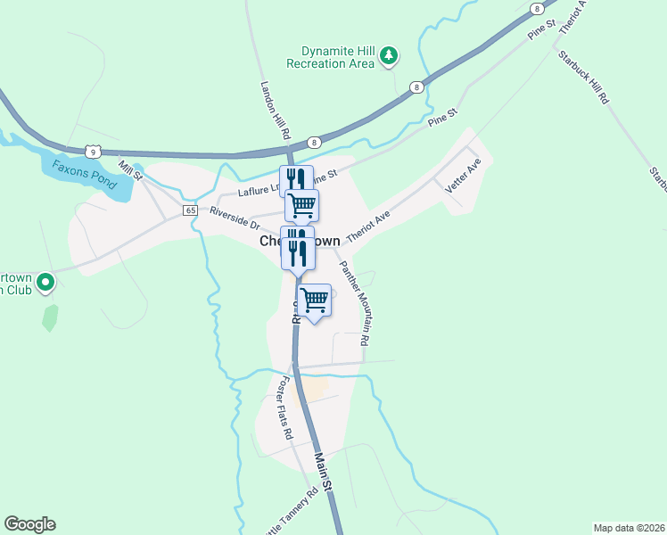 map of restaurants, bars, coffee shops, grocery stores, and more near 77 Panther Mountain Road in Chestertown