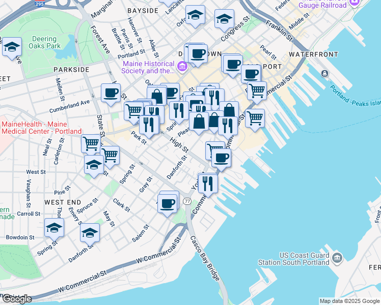 map of restaurants, bars, coffee shops, grocery stores, and more near 96 Danforth Street in Portland
