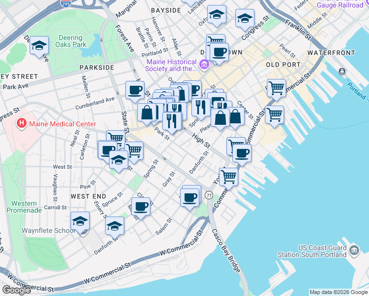 map of restaurants, bars, coffee shops, grocery stores, and more near 74 Redlon Park Road in Portland