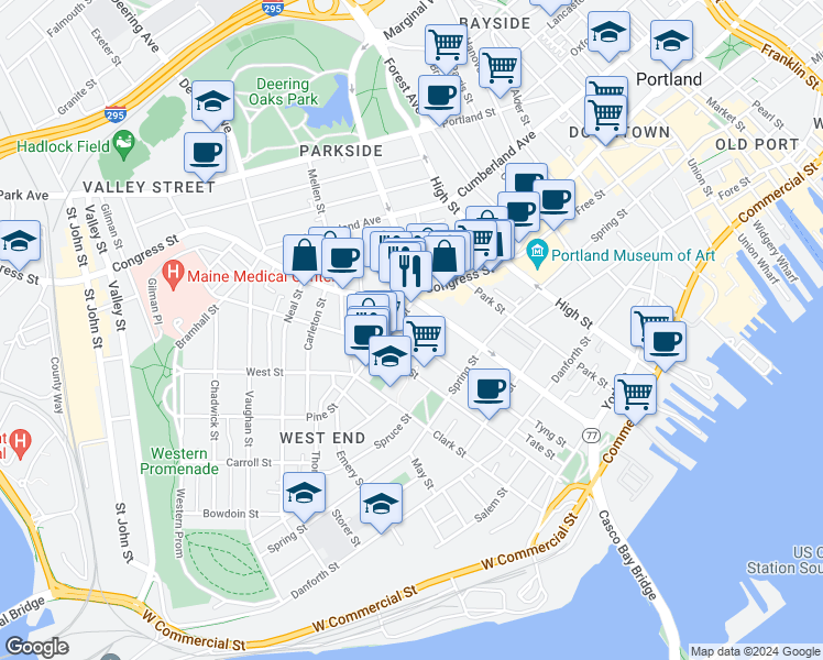 map of restaurants, bars, coffee shops, grocery stores, and more near 183 Brackett Street in Portland