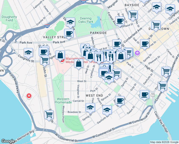 map of restaurants, bars, coffee shops, grocery stores, and more near 43 Carleton Street in Portland