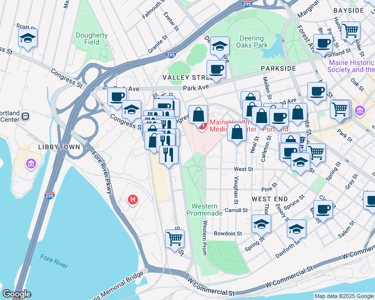 map of restaurants, bars, coffee shops, grocery stores, and more near 221 Valley Street in Portland