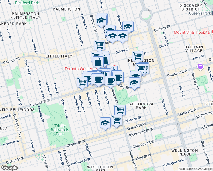 map of restaurants, bars, coffee shops, grocery stores, and more near 764 Dundas Street West in Toronto