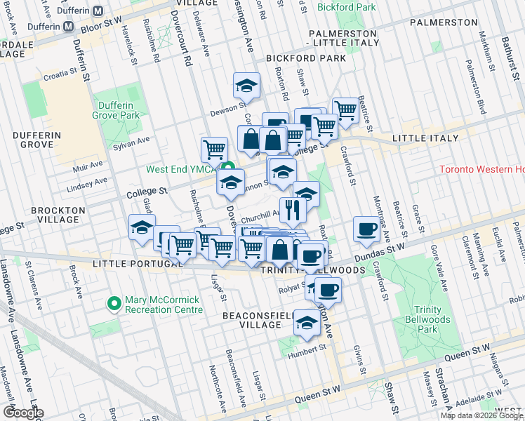 map of restaurants, bars, coffee shops, grocery stores, and more near in Toronto