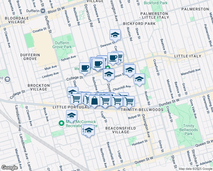 map of restaurants, bars, coffee shops, grocery stores, and more near in Toronto