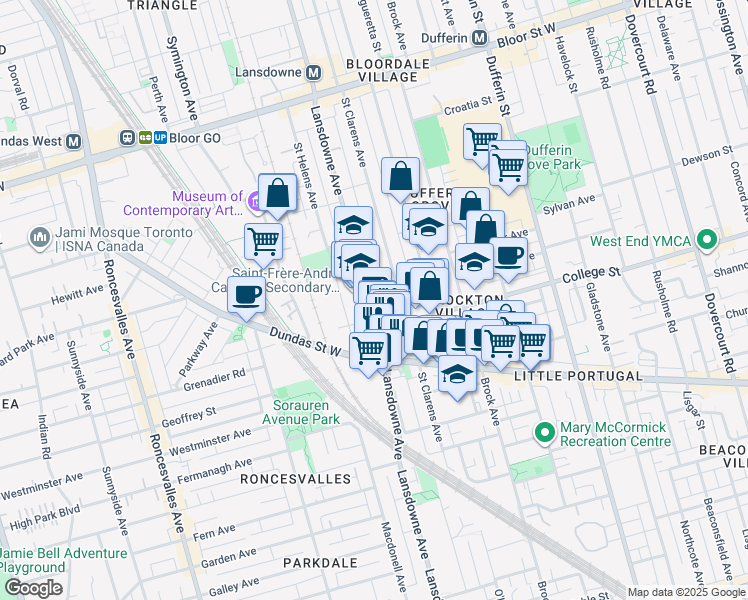 map of restaurants, bars, coffee shops, grocery stores, and more near 330 Lansdowne Avenue in Toronto