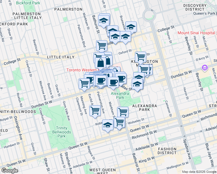 map of restaurants, bars, coffee shops, grocery stores, and more near 763 Dundas Street West in Toronto