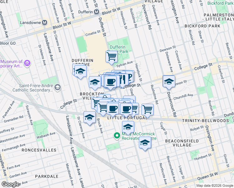 map of restaurants, bars, coffee shops, grocery stores, and more near 714 R Dufferin Street in Toronto