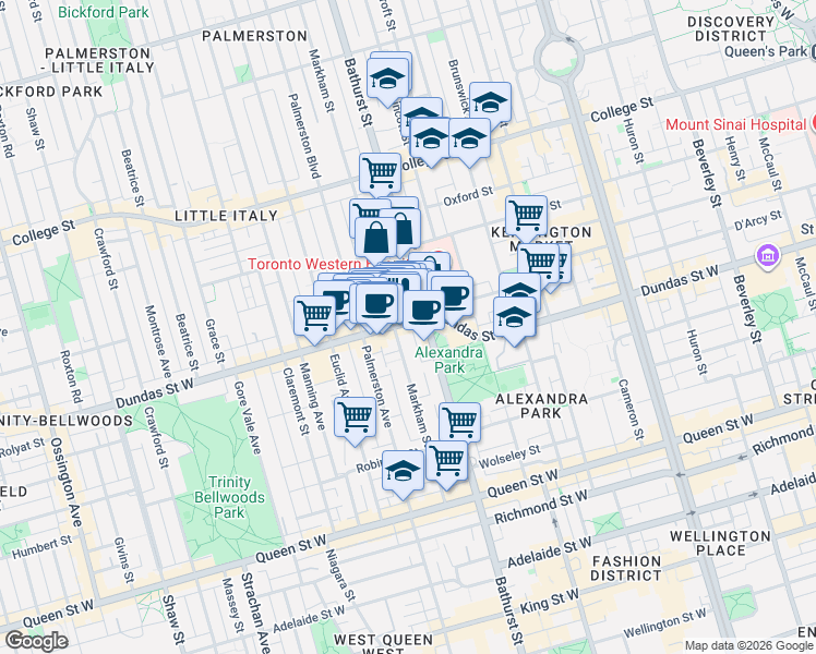 map of restaurants, bars, coffee shops, grocery stores, and more near 761 Dundas Street West in Toronto