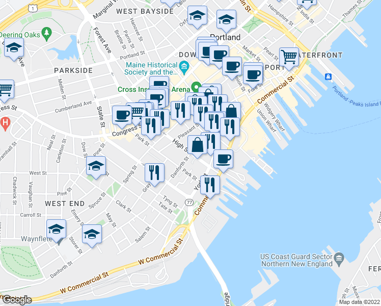 map of restaurants, bars, coffee shops, grocery stores, and more near High Street & Danforth Street in Portland