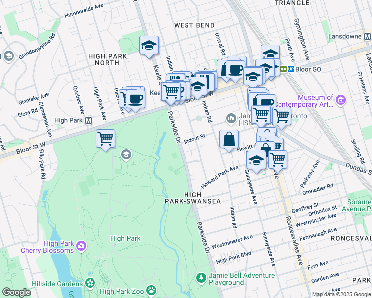 map of restaurants, bars, coffee shops, grocery stores, and more near 451 Parkside Drive in Toronto