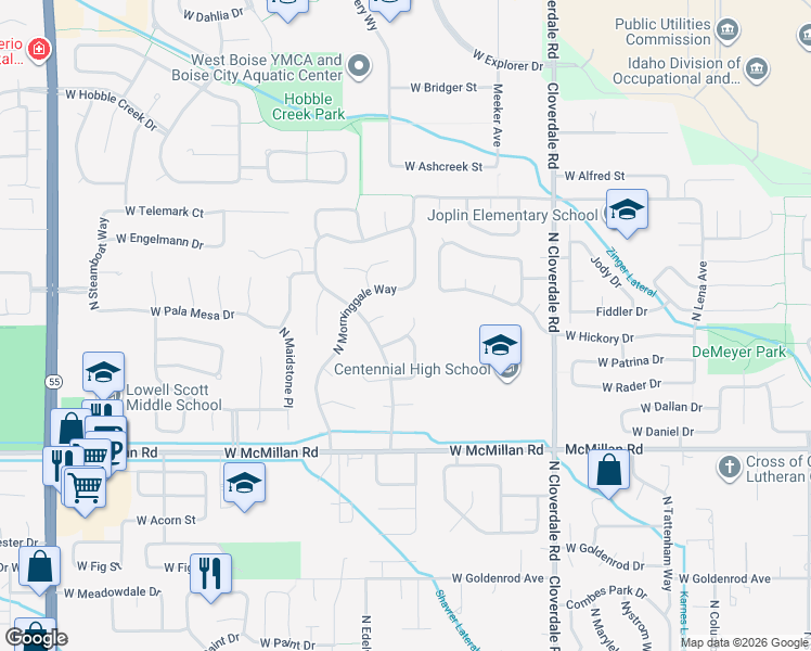 map of restaurants, bars, coffee shops, grocery stores, and more near 5131 North Lancer Way in Boise