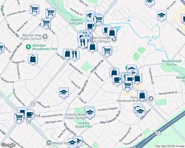 map of restaurants, bars, coffee shops, grocery stores, and more near 61 Kingknoll Drive in Brampton