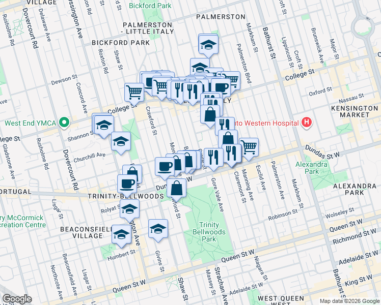 map of restaurants, bars, coffee shops, grocery stores, and more near 49 Beatrice Street in Toronto