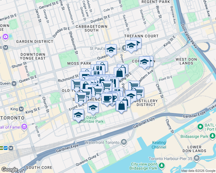 map of restaurants, bars, coffee shops, grocery stores, and more near 284 King Street East in Toronto