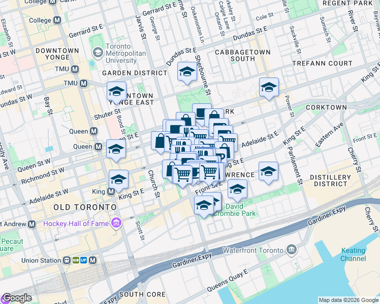 map of restaurants, bars, coffee shops, grocery stores, and more near 112 George Street in Toronto