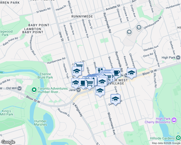 map of restaurants, bars, coffee shops, grocery stores, and more near 313 Willard Avenue in Toronto