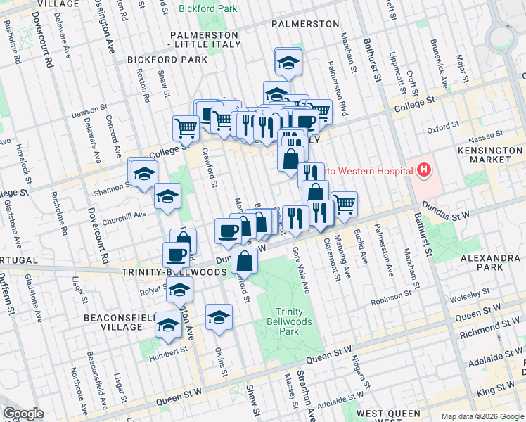 map of restaurants, bars, coffee shops, grocery stores, and more near 49 Beatrice Street in Toronto