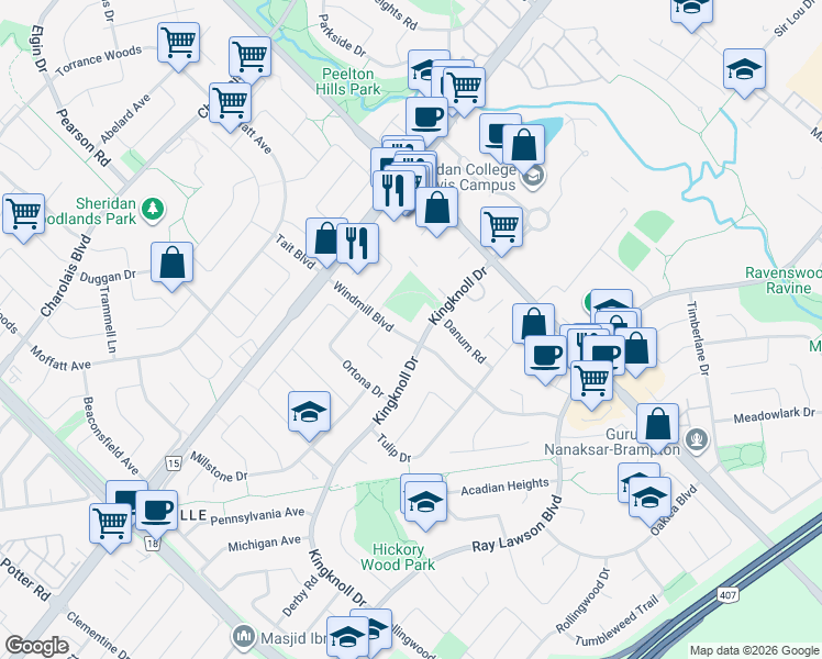 map of restaurants, bars, coffee shops, grocery stores, and more near 42 Windmill Boulevard in Brampton