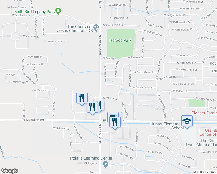 map of restaurants, bars, coffee shops, grocery stores, and more near 3107 West Divide Creek Drive in Meridian