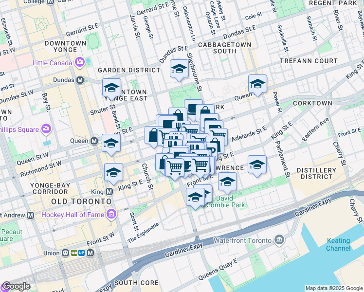 map of restaurants, bars, coffee shops, grocery stores, and more near 112 George Street in Toronto