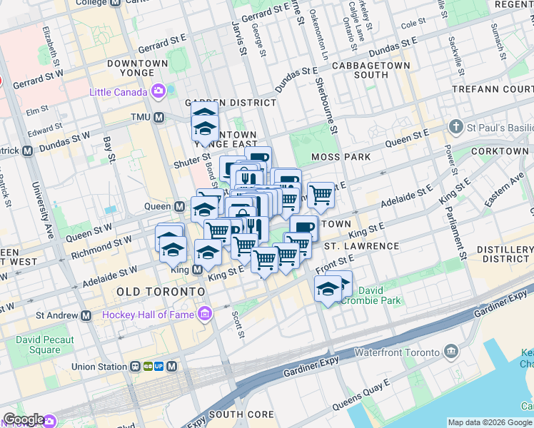 map of restaurants, bars, coffee shops, grocery stores, and more near 50 Lombard Street in Toronto