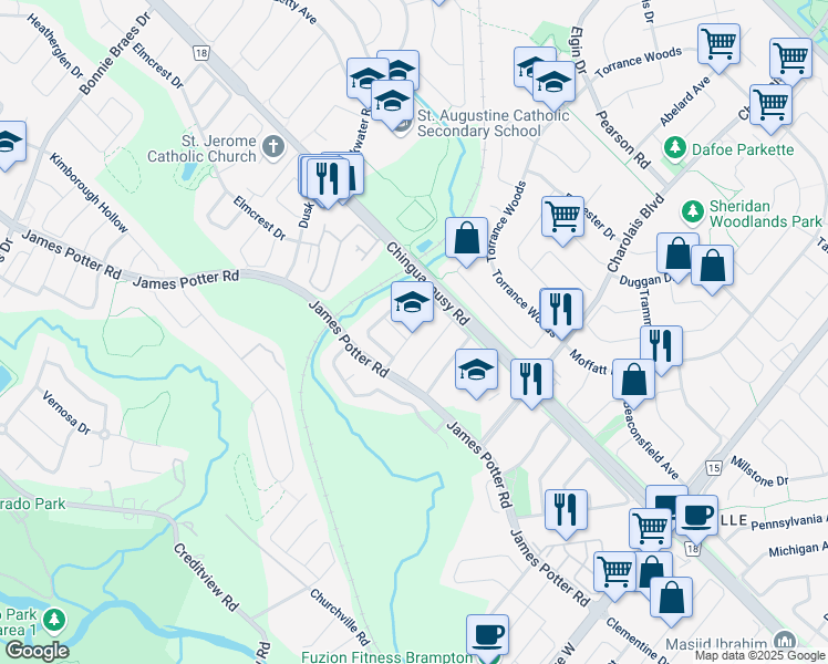 map of restaurants, bars, coffee shops, grocery stores, and more near 19 Seastar Road in Brampton