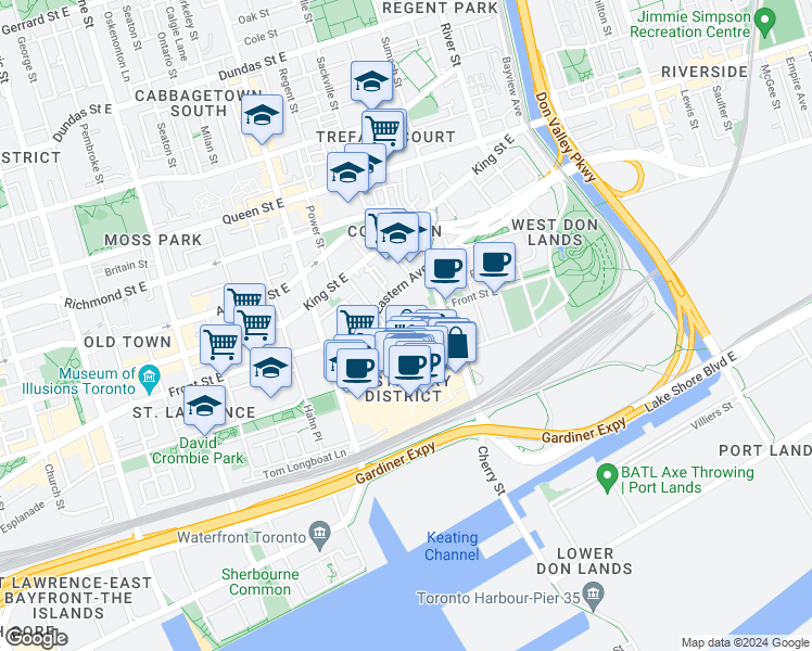 map of restaurants, bars, coffee shops, grocery stores, and more near 361 Front Street East in Toronto