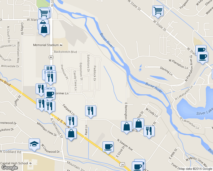 map of restaurants, bars, coffee shops, grocery stores, and more near N Glenwood St in Garden City