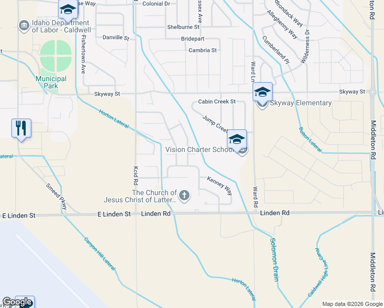 map of restaurants, bars, coffee shops, grocery stores, and more near 11740 Parakeet Way in Caldwell