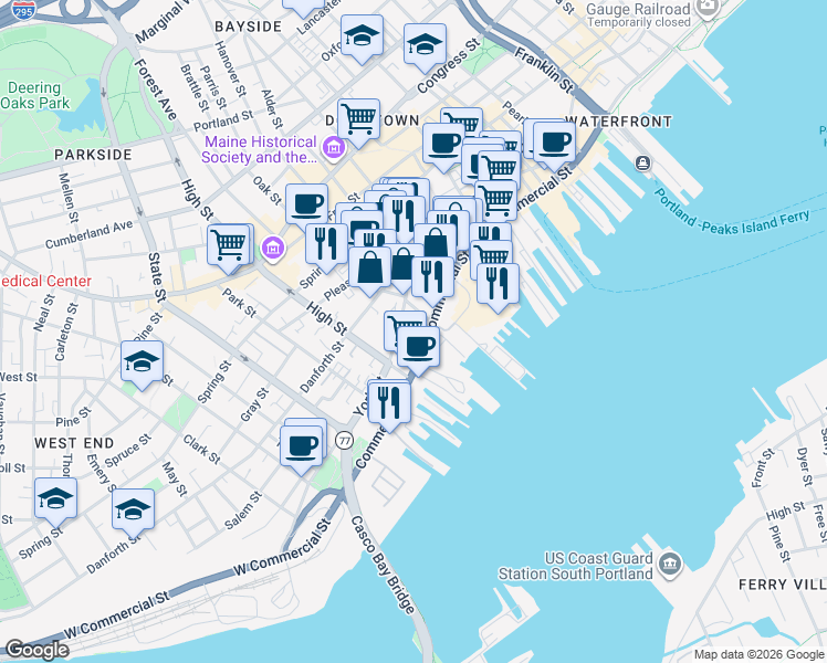 map of restaurants, bars, coffee shops, grocery stores, and more near 383 Commercial Street in Portland