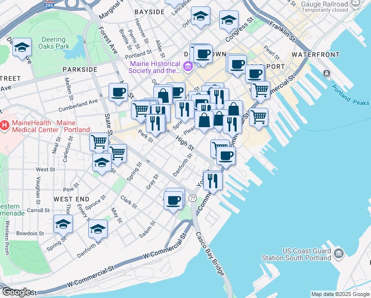 map of restaurants, bars, coffee shops, grocery stores, and more near 96 Danforth Street in Portland