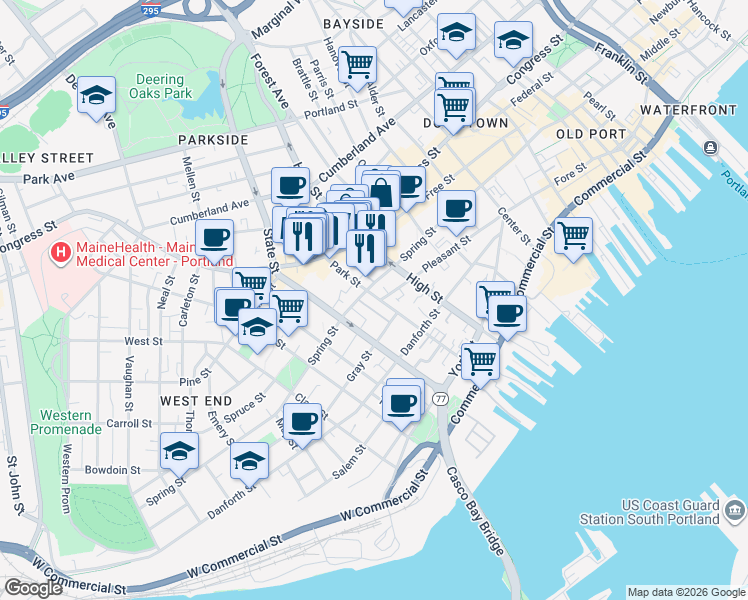 map of restaurants, bars, coffee shops, grocery stores, and more near 99 State Street in Portland