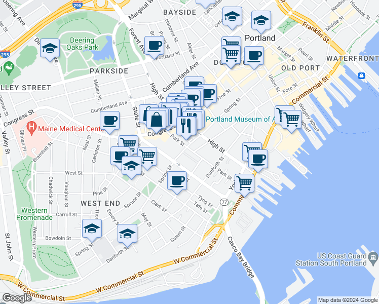 map of restaurants, bars, coffee shops, grocery stores, and more near 99 State Street in Portland