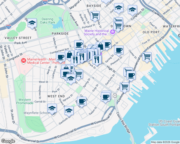 map of restaurants, bars, coffee shops, grocery stores, and more near 144 State Street in Portland