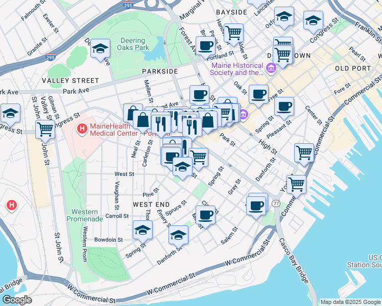 map of restaurants, bars, coffee shops, grocery stores, and more near 183 Brackett Street in Portland