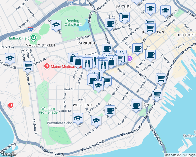 map of restaurants, bars, coffee shops, grocery stores, and more near 183 Brackett Street in Portland