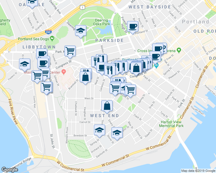 map of restaurants, bars, coffee shops, grocery stores, and more near 43 Carleton Street in Portland